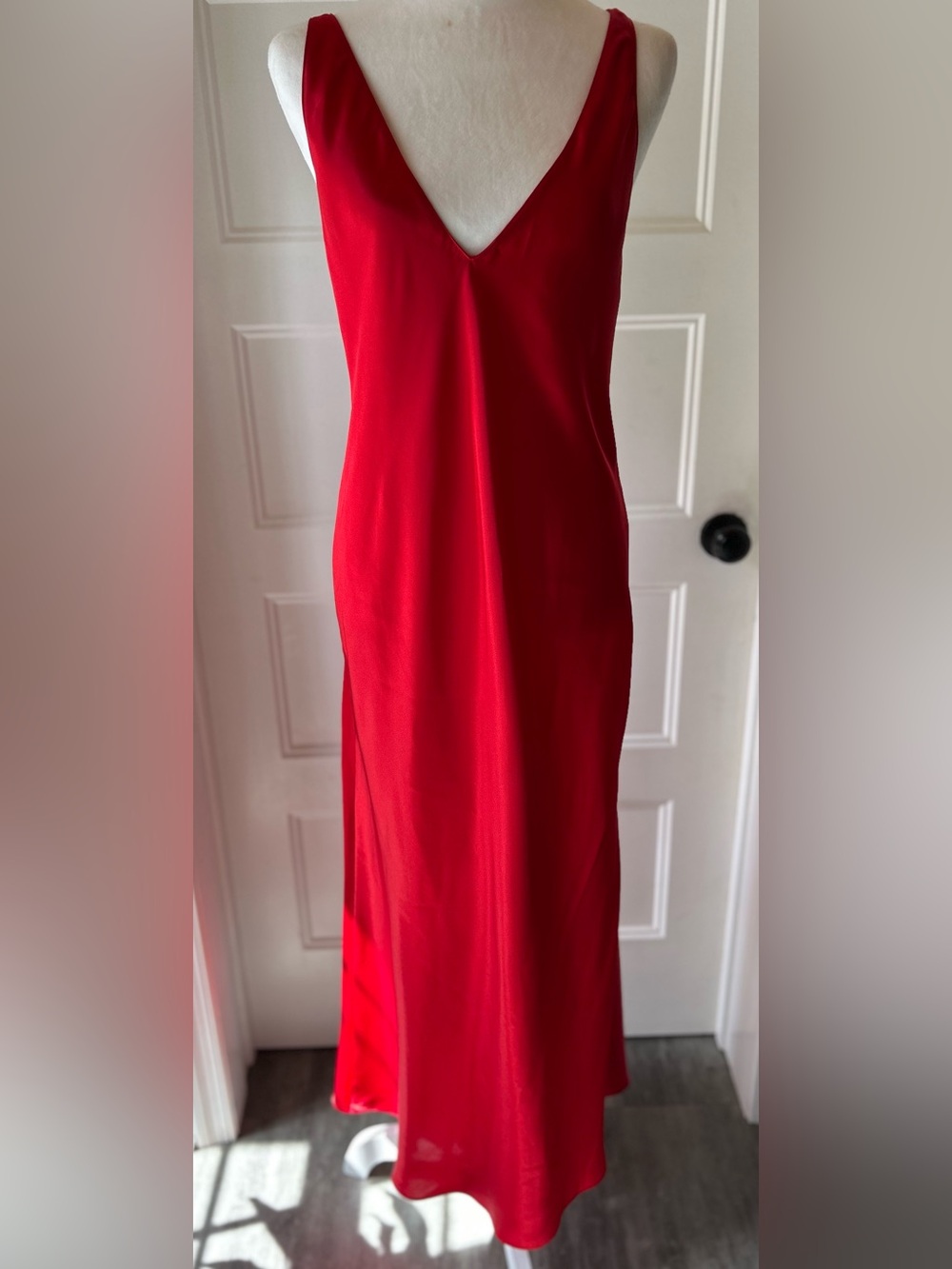 Vintage Fredericks of Hollywood Tomato Red Satin Maxi Slip Dress M Low Back Y2K